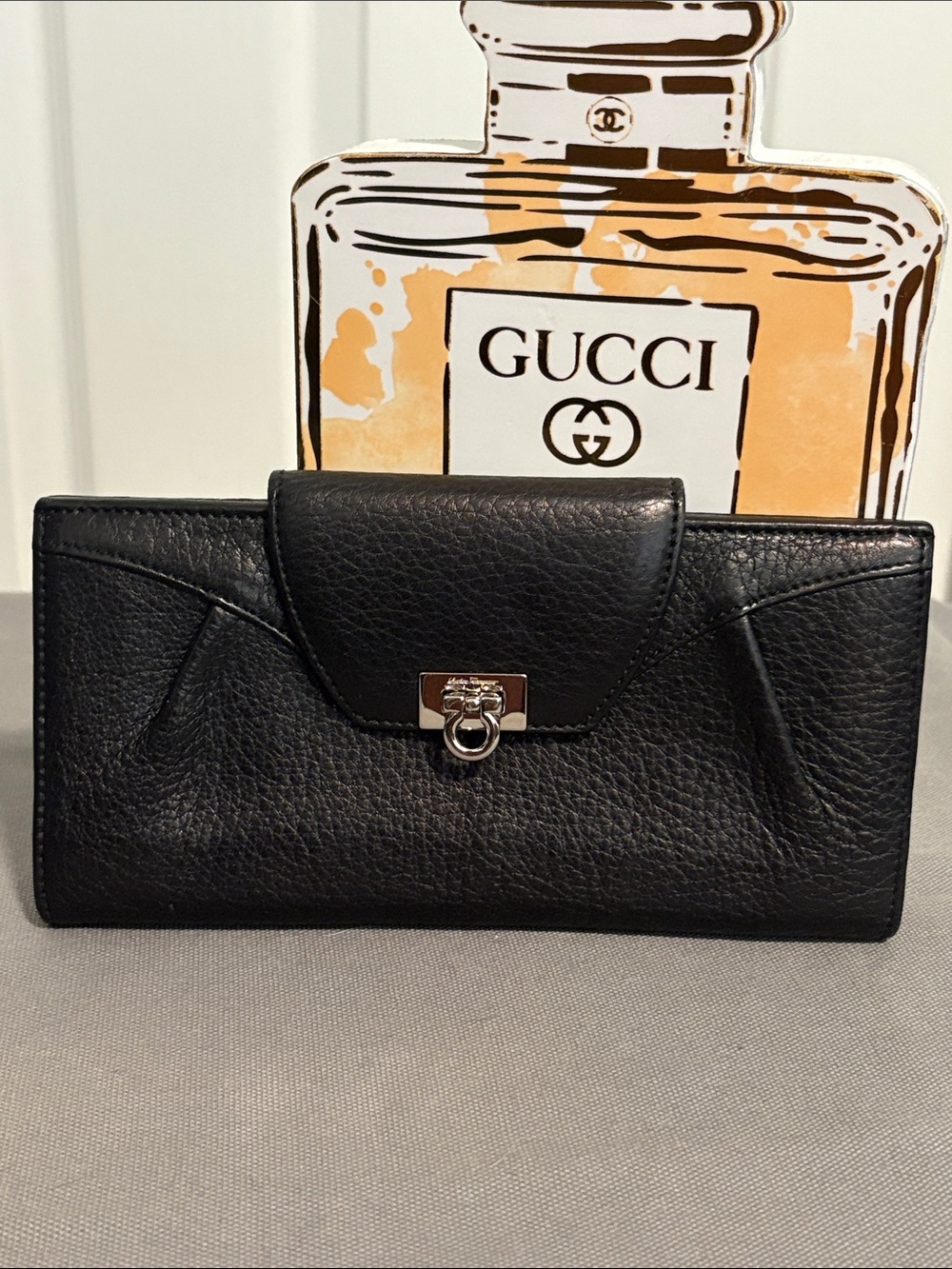 Salvatore Ferragamo Black Leather Wallet Clutch with Silver Tone Hardware